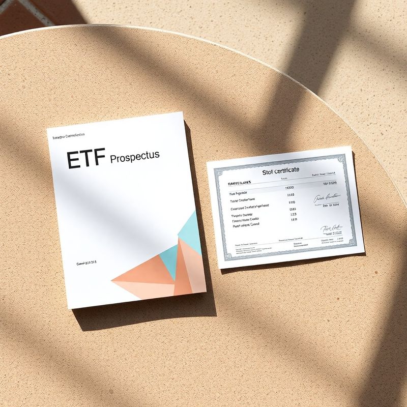 Prospekt ETF fonda i ispis certifikata dionice na kamenoj plohi u hladnom svjetlu